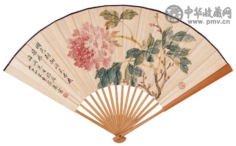 朱葆慈 冯铁生 牡丹 书法 成扇 设色纸本
