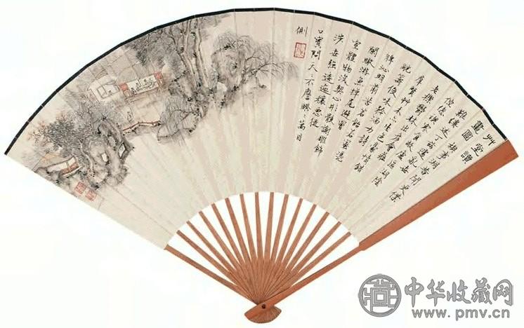 况维琦 王福厂 草堂读书图 成扇 设色纸本