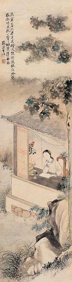 费丹旭 秋夜吟诗图 立轴 设色纸本