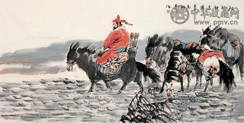 刘大为 壬午(2002年)作 秋郊饮马 镜心 设色纸本