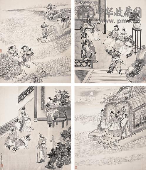 徐操 三国人物故事 立轴四屏 水墨绢本