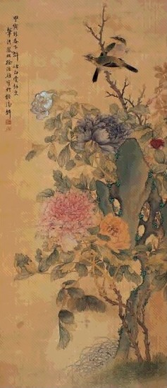 徐源舫 1914年作 牡丹双雀图 轴 设色绢本