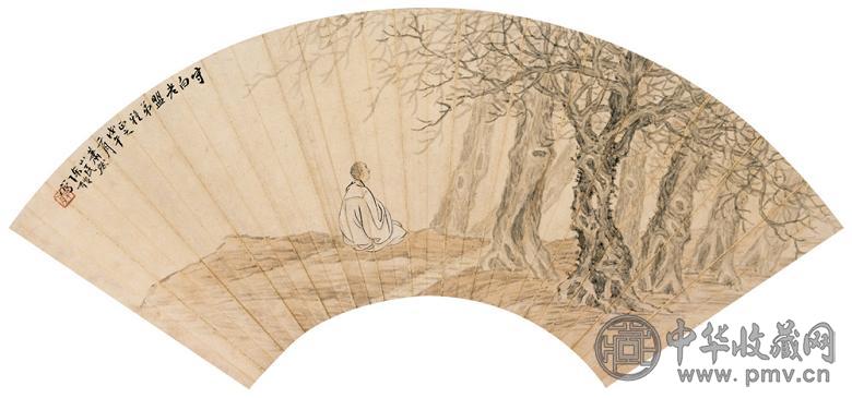 陈弢 寒林独坐图 扇面 设色纸本