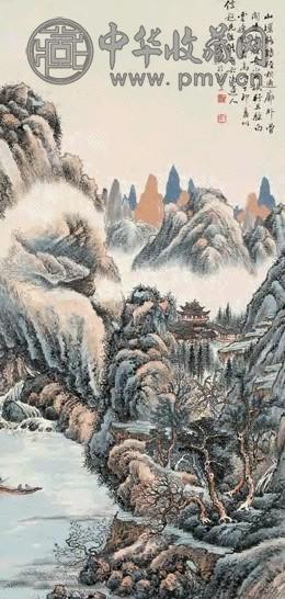 丁愚 万岩片舟图 立轴 设色纸本