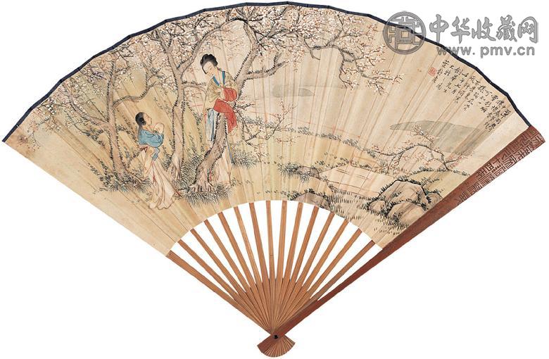 叶静候 周让 壬午(1942年)作 仕女 书法 成扇 纸本