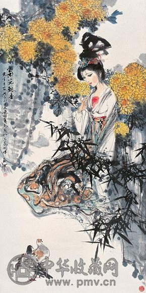 伍启中 菊花飘香 立轴 设色纸本