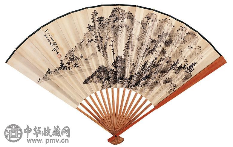 肖龙士 夏山雨后 成扇 水墨纸本