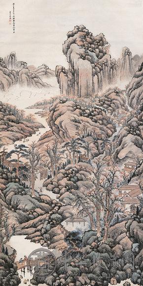 陈靖 拟吴镇山水 立轴 设色纸本