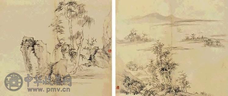 吴麐 山水 册页(6开选2) 纸本