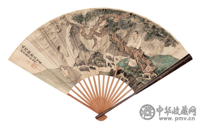 朱梅邨 叶尔恺 1940年作 邀泉啜茗图 行书 成扇 设色纸本