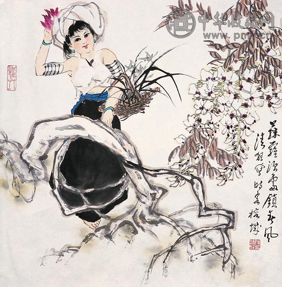 陈清狂 紫藤少女 立轴 设色纸本