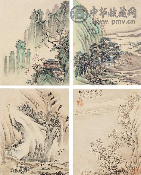 杨天璧 丙辰(1856年)作 山水 册页(8开选4) 设色纸本