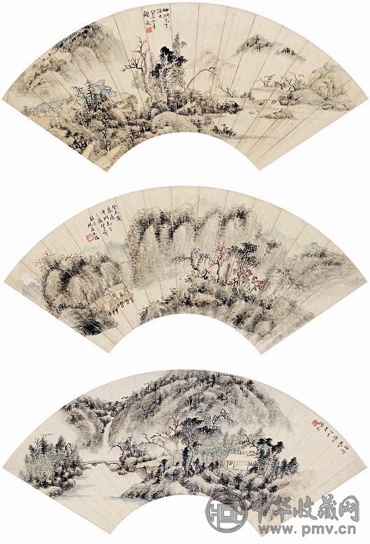 顾飞 朱端 癸未(1943年) 丁亥(1947年)作 山水 扇面三挖立轴 设色纸本