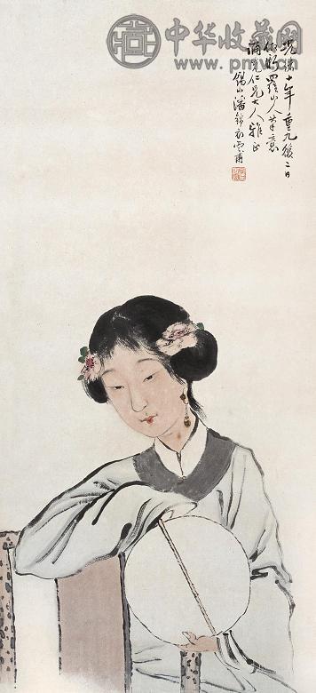 潘锦 1885年作 仕女图 立轴 设色纸本