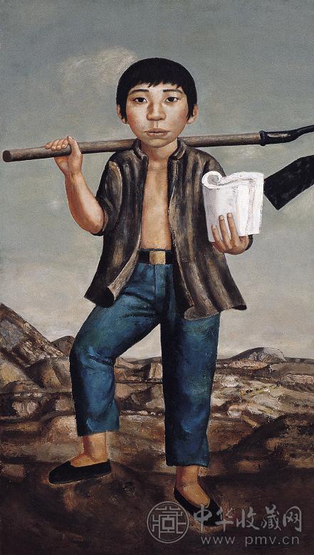 段建伟 荷锄少年 布面油画