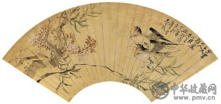 徐桢 桃花飞燕 扇面 设色金笺