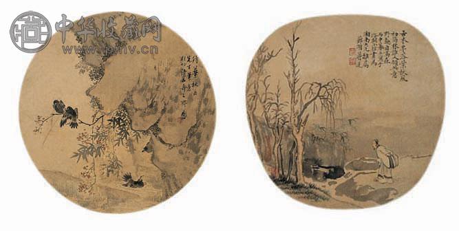 何丹山 蒋莲 山水(2件) 圆光 设色绢本