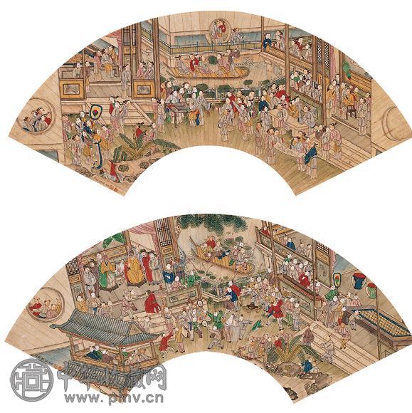 张恺 游园(二张) 扇面 设色纸本