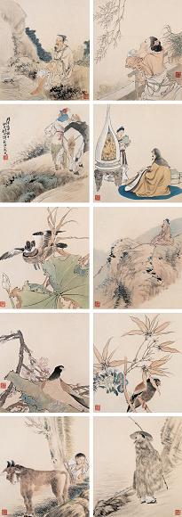 任伯年 1872年作 绘画集珍 册页(10开) 设色纸本