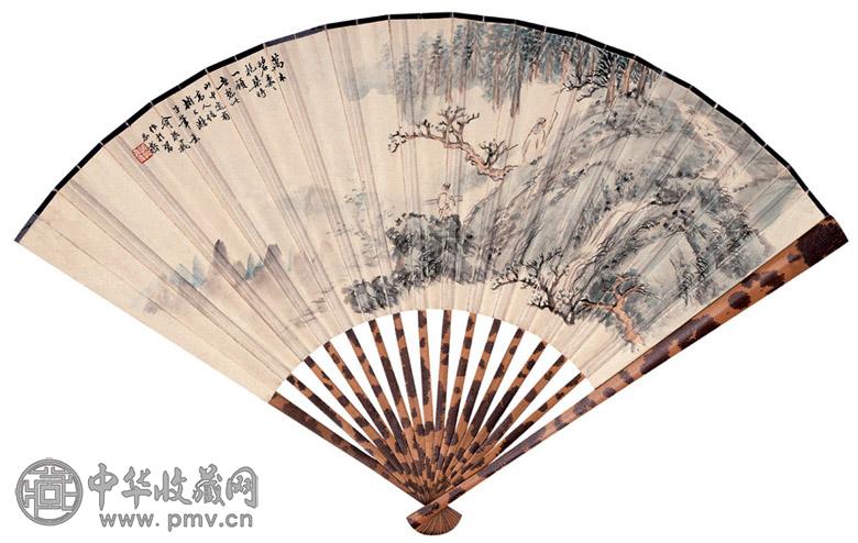 俞振飞 吴湖帆 1947年作 携琴访友 行书 成扇 设色纸本洒金笺