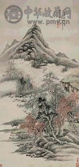 吴麐 1742年作 白云红树人家 立轴 设色纸本