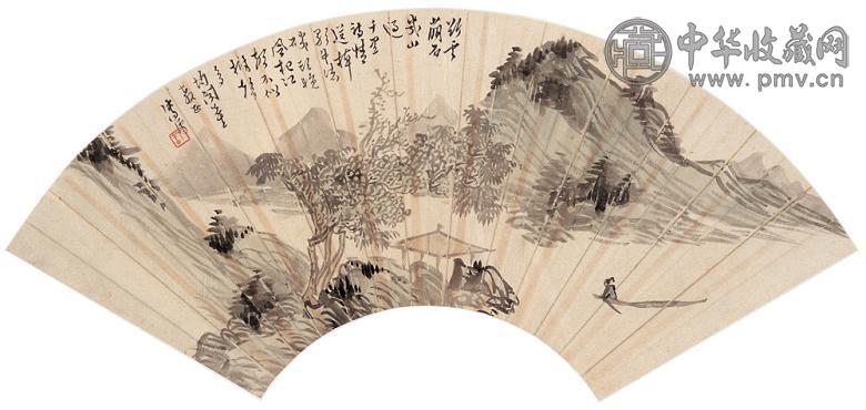 溥儒 秋江棹影 扇面 设色纸本