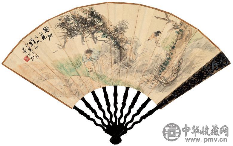 倪田 沈景修 己亥(1899年)作 松荫小憩 书法 设色纸本