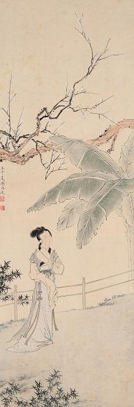 冯仲莲 芭蕉仕女 立轴 绢本设色