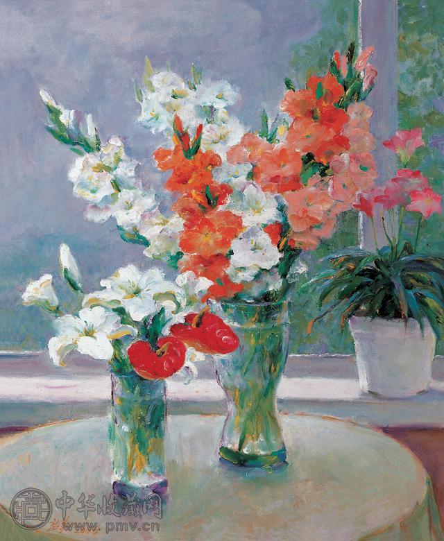 韦启美 2005年作 火鹤与剑兰 油彩 画布 框