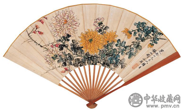 邓启昌 姚孟起 傲霜 行书 成扇 设色纸本