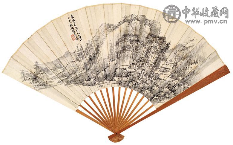 吴泊滔 姚孟起 春山积翠图 隶书 成扇 水墨纸本