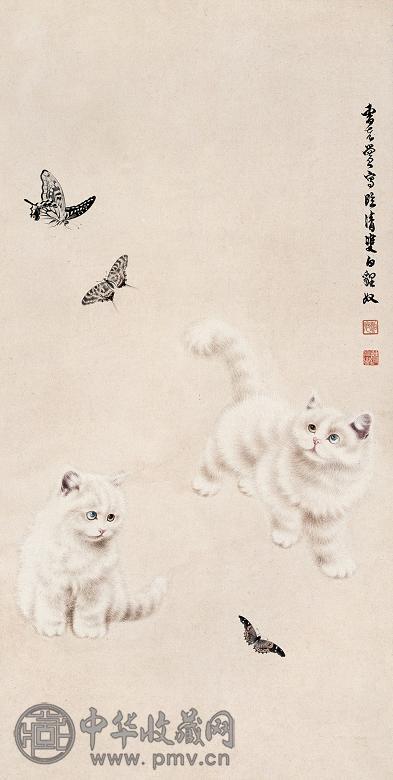 曹克黉 猫蝶图 立轴 纸本