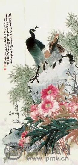 黄益仙 花卉孔雀 镜心 纸本