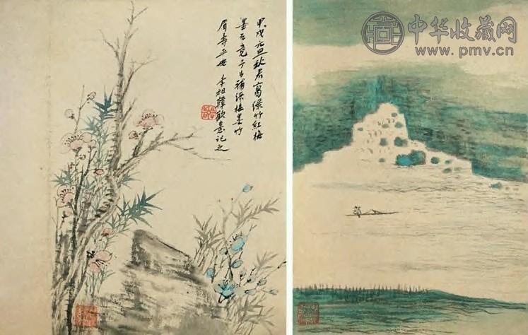 李祖韩 1934年 山水花卉 册页(8开选2) 笺本设色
