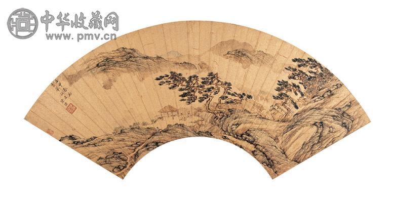 陈祼 壬申(1632年)作 松亭闲话图 扇面 设色金笺