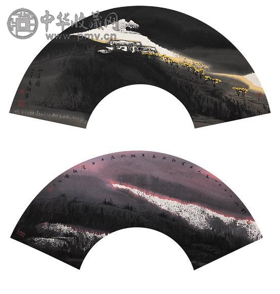 董继宁 2001年作 山居图 野山(2片) 扇面 设色纸本