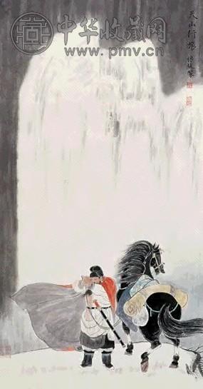 谢振瓯 天山行旅 立轴 设色纸本