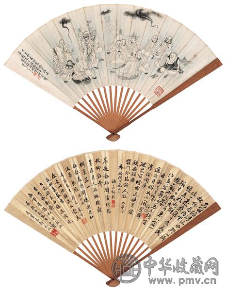 徐源舫 白描罗汉图 成扇 设色纸本