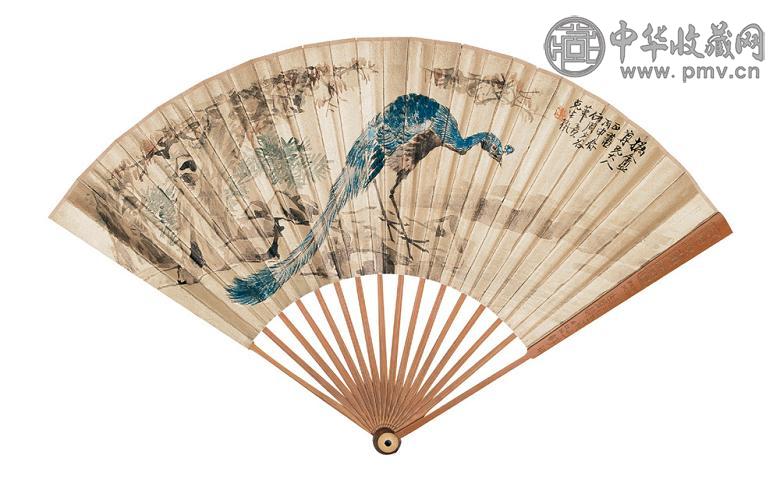 徐桢 沈景修 1896年作 孔雀图 行书 成扇 设色金笺