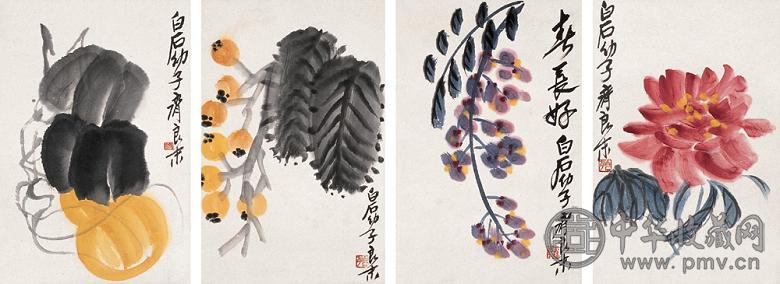 齐良末 花卉 四屏 设色纸本