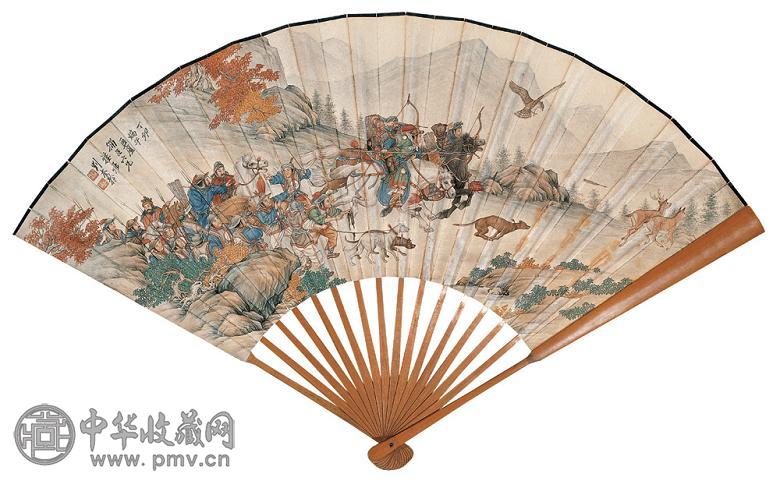 刘奎龄 1927年作 涉猎图 成扇 设色纸本