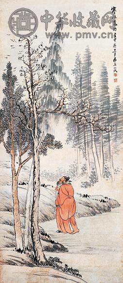 沙佐 寒林觅句 立轴 设色纸本