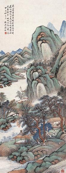 潘钦 甲戌(1934年)作 晴峦村居图 轴 设色纸本