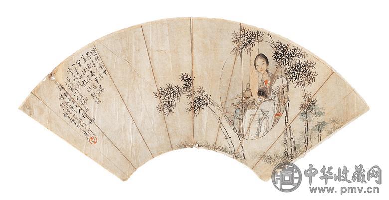 钱慧安 1899年作 窗前教子图 镜心扇面 设色纸本