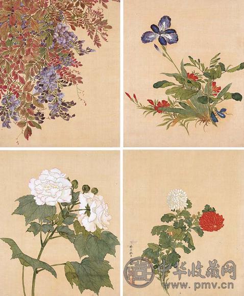 阙岚 一八二三年作 花卉 册页(12开选4) 设色绢本