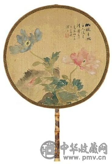 朱称 虞美人并隶书七言诗 团扇 设色绢本