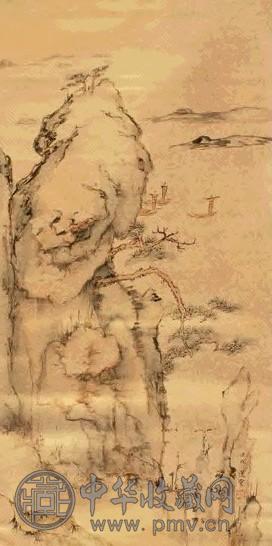 饶宗颐 1982年作 江天空阔图 立轴 设色金笺