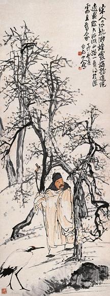 王震 1927年作 梅鹤遗意 立轴 设色纸本