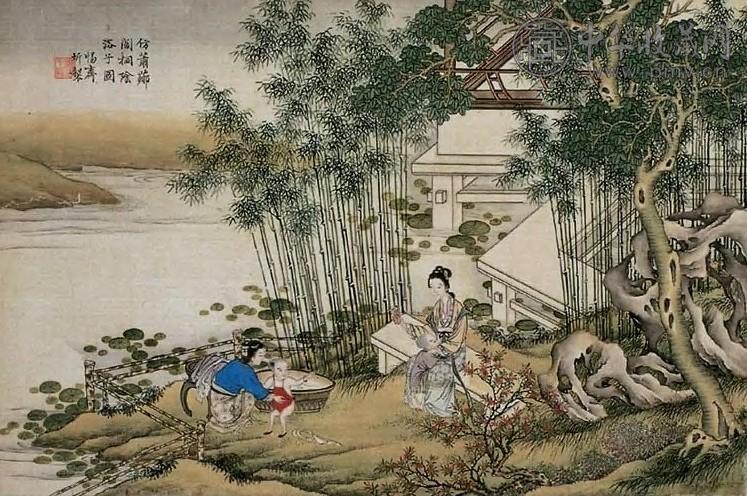 汪圻 清 桐阴浴子图 立轴 设色绢本