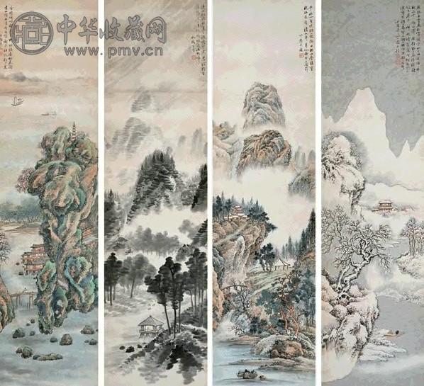 丁愚 四季山水 四屏 纸本、设色